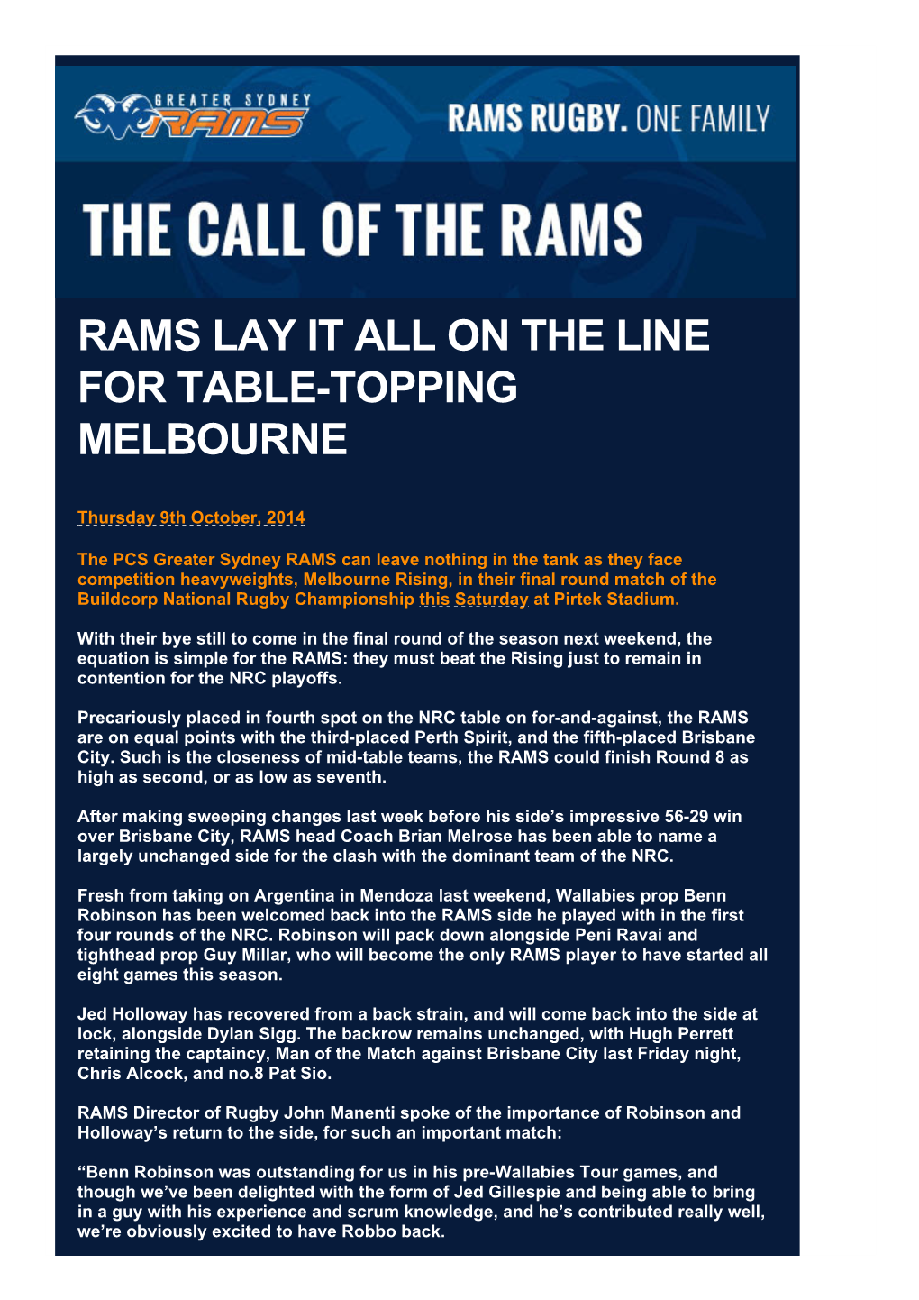 Rams Lay It All on the Line for Table-Topping Melbourne