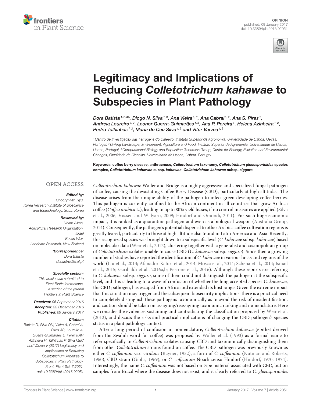 Legitimacy and Implications of Reducing Colletotrichum Kahawae to Subspecies in Plant Pathology