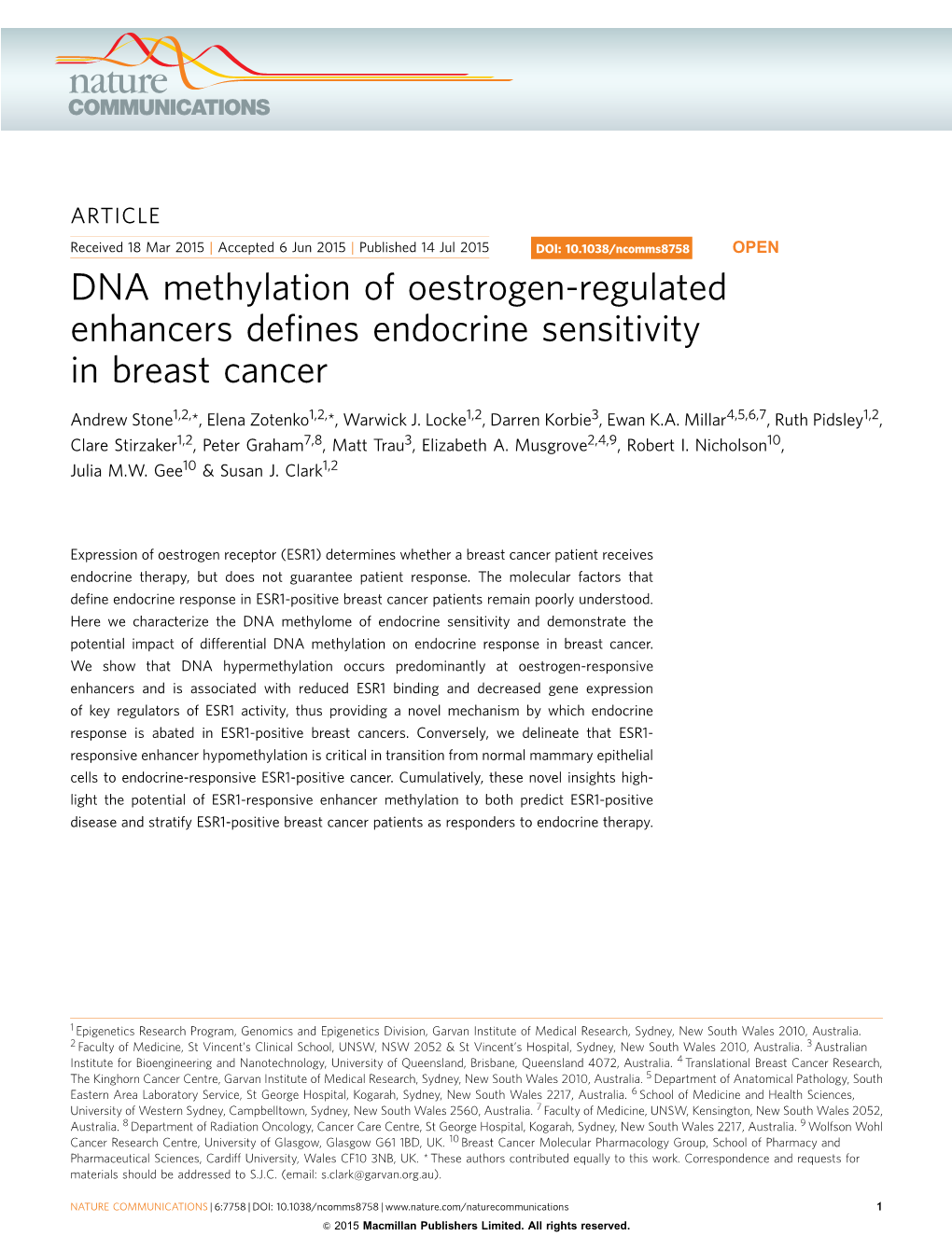 DNA Methylation of Oestrogen-Regulated Enhancers Deﬁnes Endocrine Sensitivity in Breast Cancer