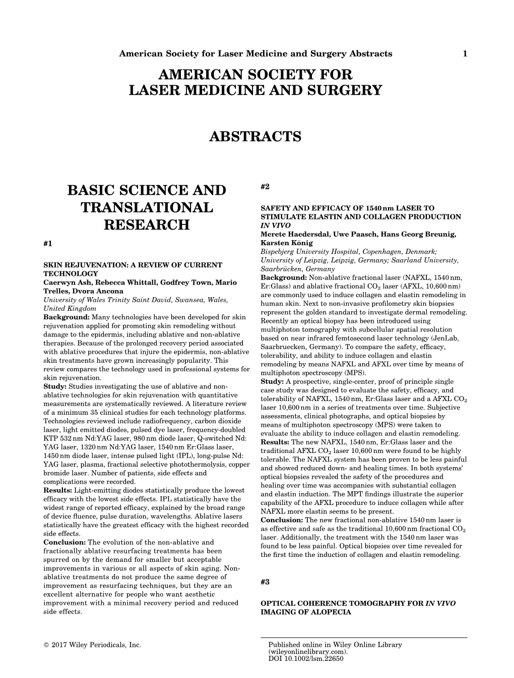 American Society for Laser Medicine and Surgery Abstracts 1 AMERICAN SOCIETY for LASER MEDICINE and SURGERY