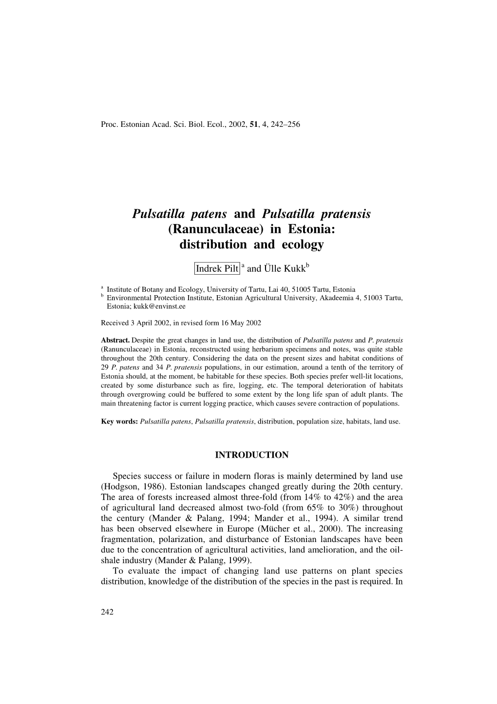 Pulsatilla Patens and Pulsatilla Pratensis (Ranunculaceae) in Estonia: Distribution and Ecology