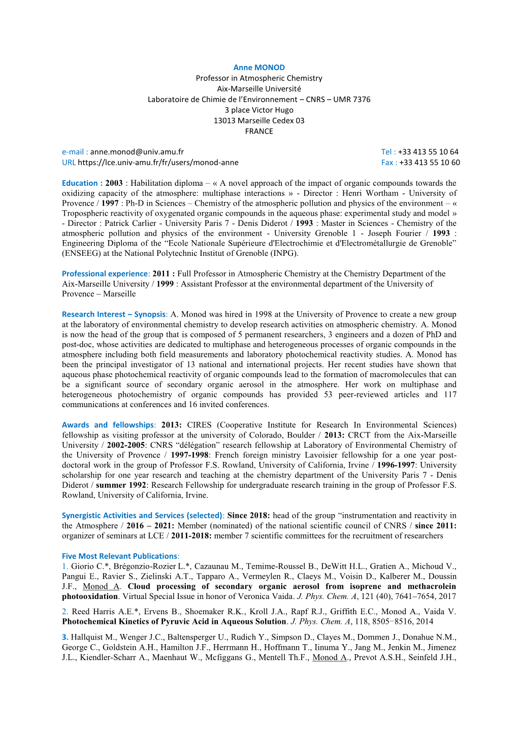 Anne MONOD Professor in Atmospheric Chemistry Aix