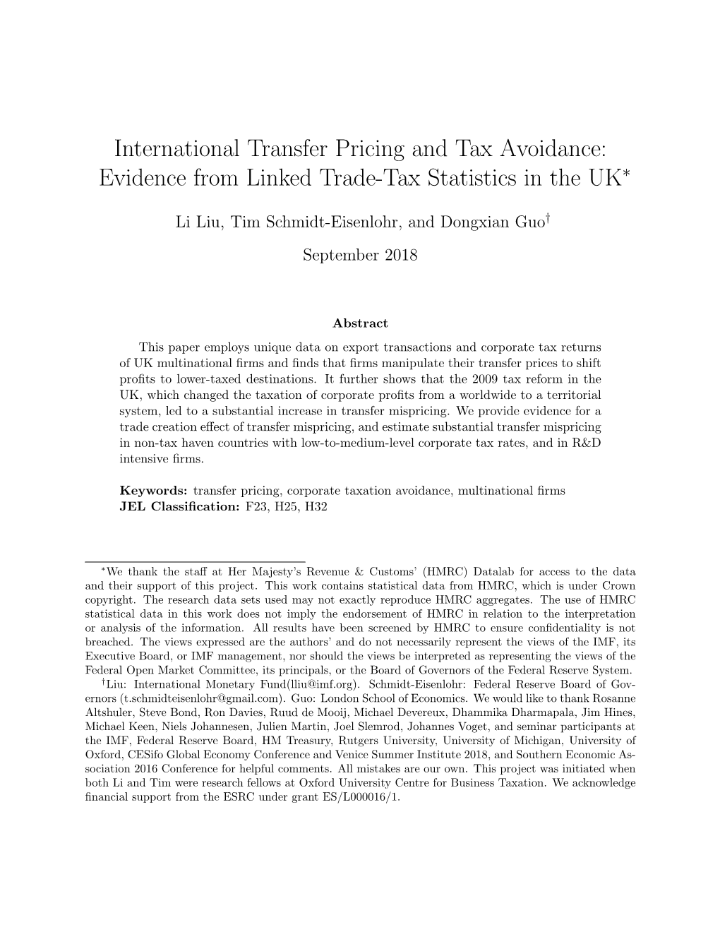 International Transfer Pricing and Tax Avoidance: Evidence from Linked Trade-Tax Statistics in the UK∗