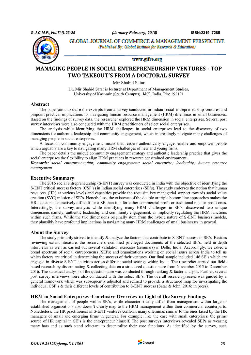 MANAGING PEOPLE in SOCIAL ENTREPRENEURSHIP VENTURES - TOP TWO TAKEOUT’S from a DOCTORAL SURVEY Mir Shahid Satar Dr