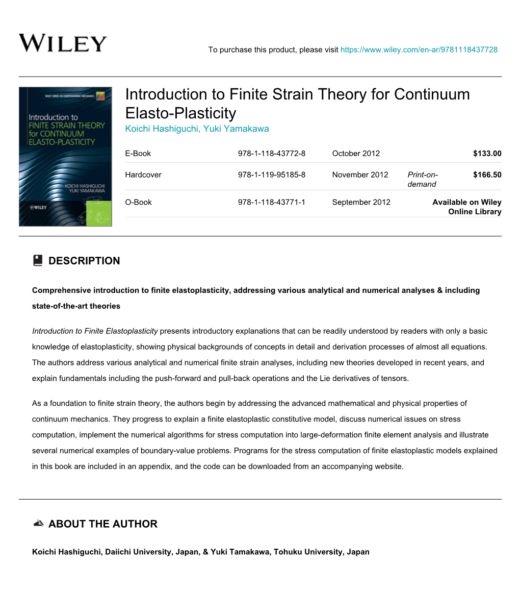 Introduction to Finite Strain Theory for Continuum Elasto-Plasticity Koichi Hashiguchi, Yuki Yamakawa