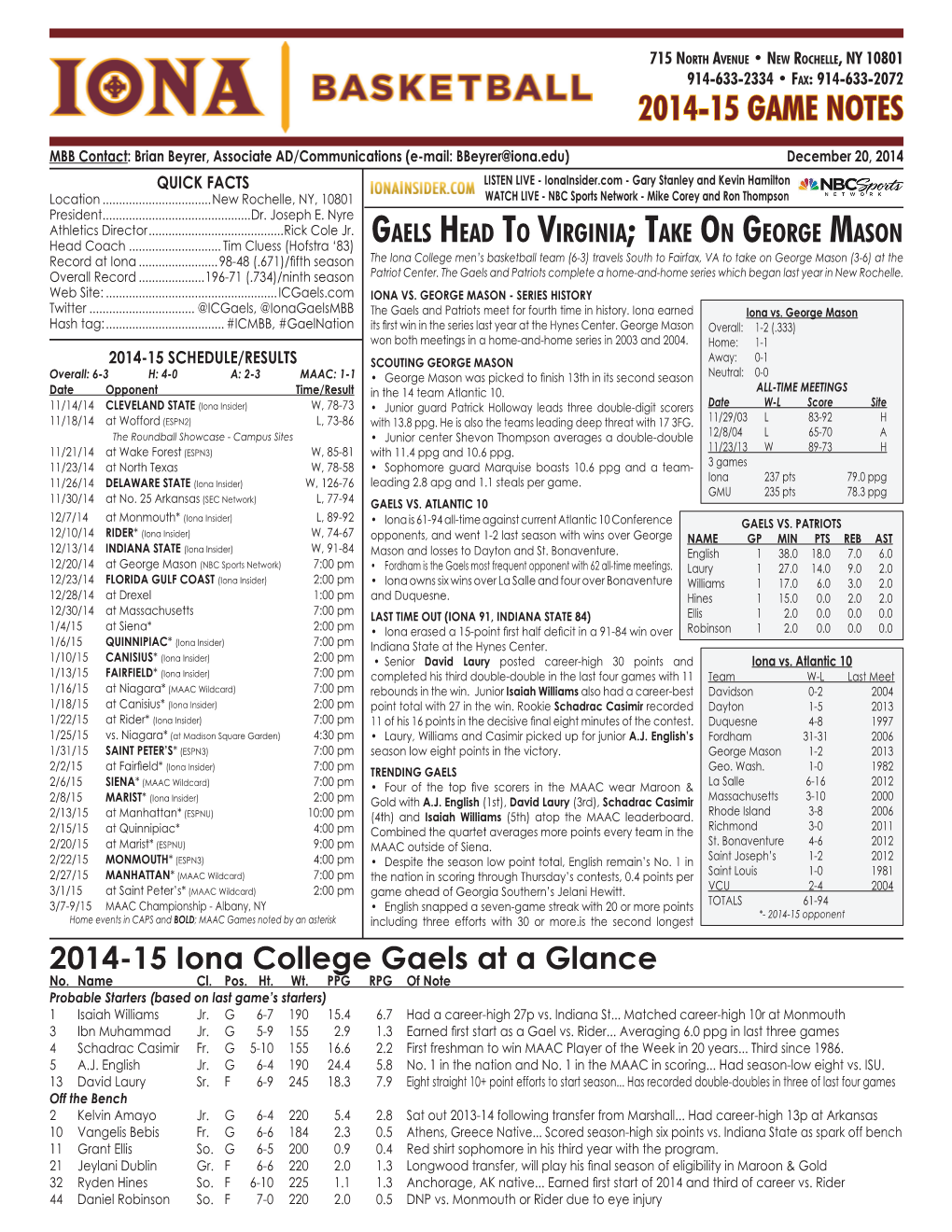 2014-15 Game Notes