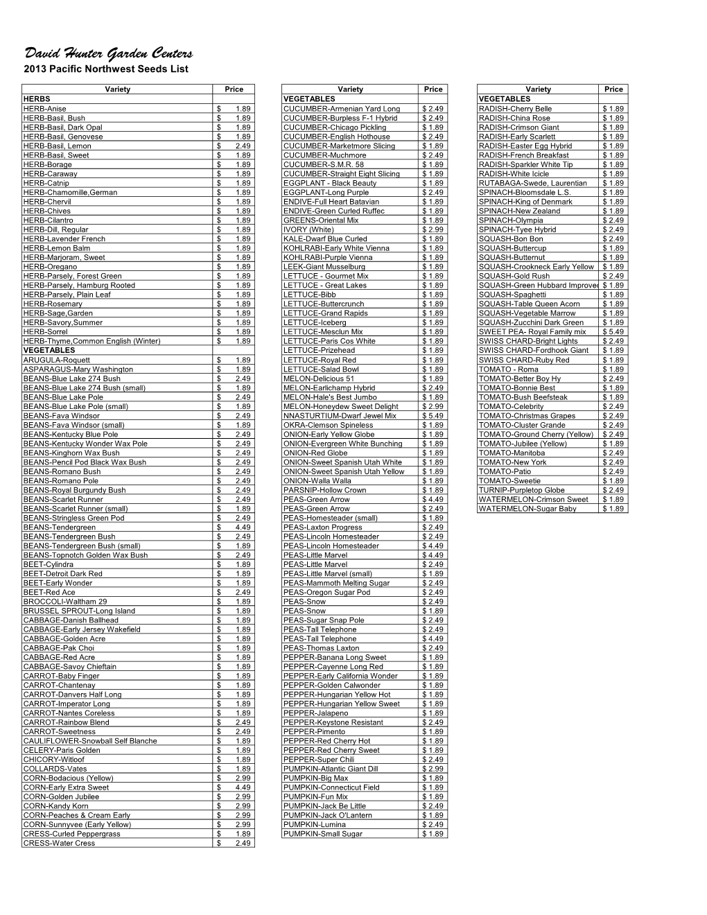 Pacific Northwest Seeds List