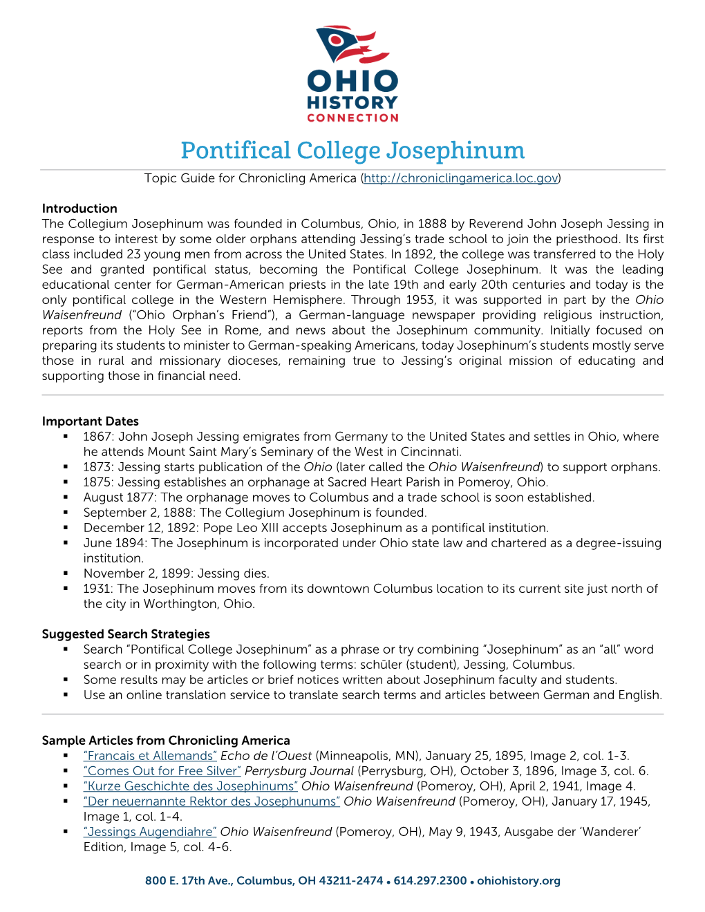 Pontifical College Josephinum Topic Guide for Chronicling America (