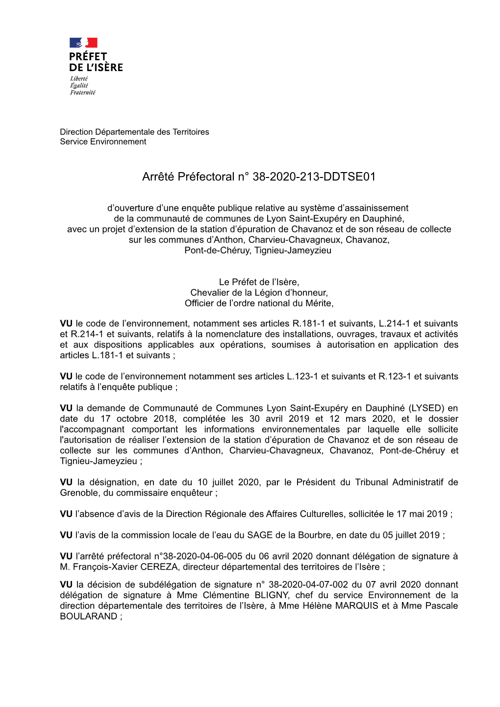Arrêté Préfectoral N° 38-2020-213-DDTSE01