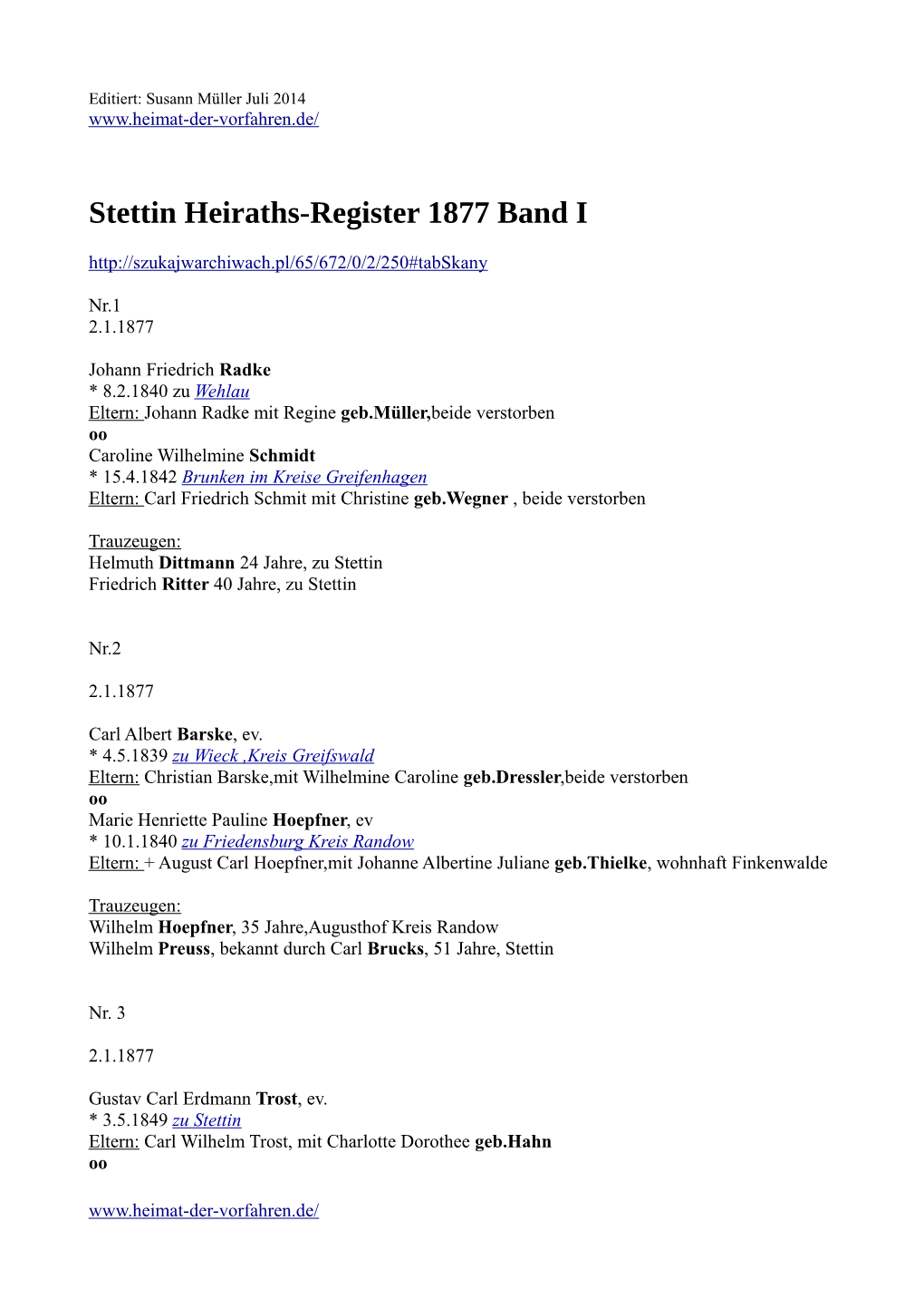 Stettin Heiraths-Register 1877 Band I
