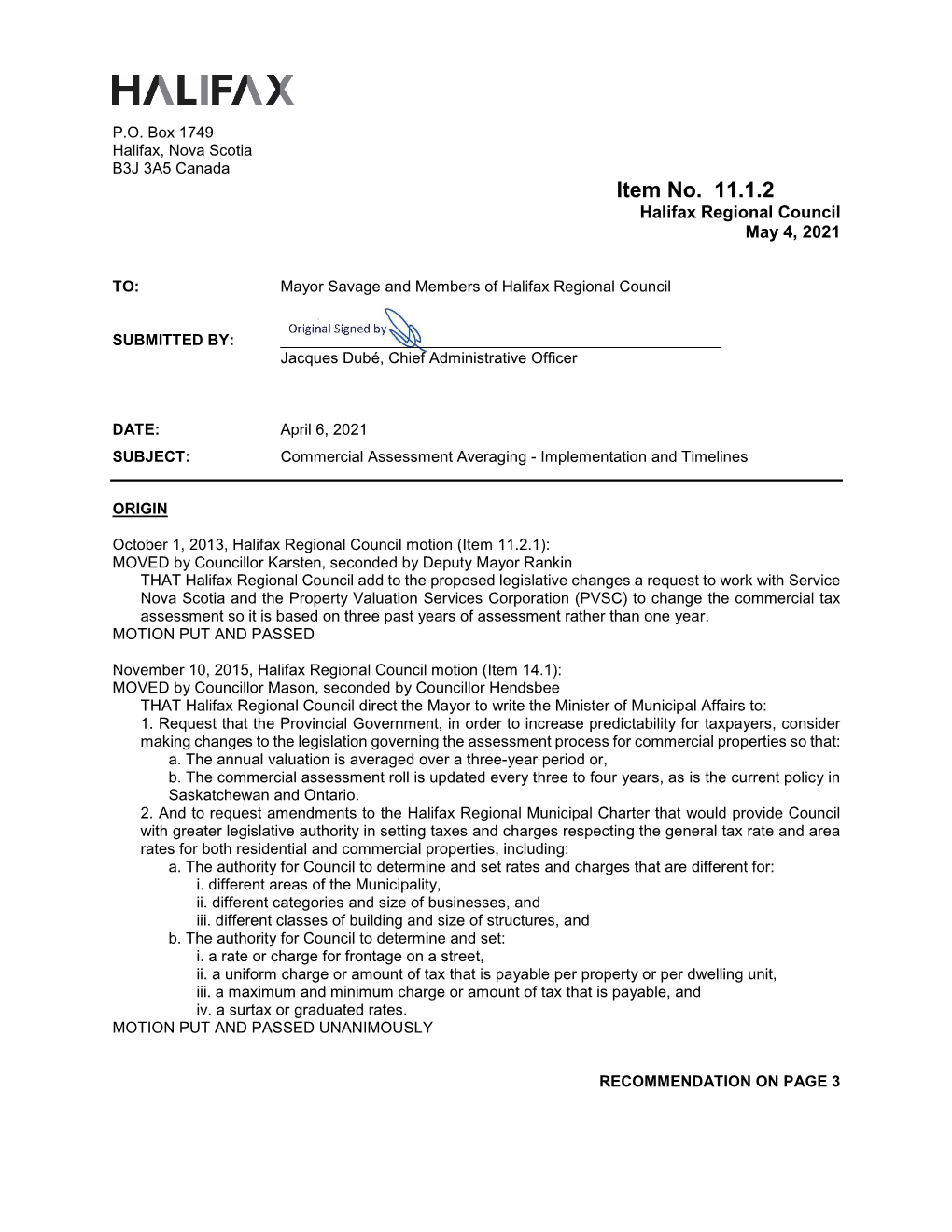 Commercial Assessment Averaging - Implementation and Timelines