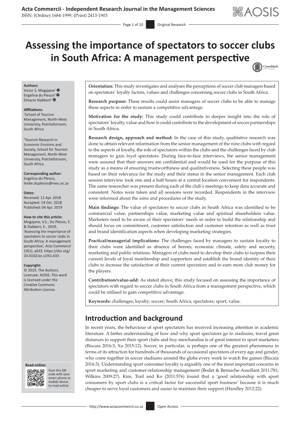 Assessing the Importance of Spectators to Soccer Clubs in South Africa: a Management Perspective