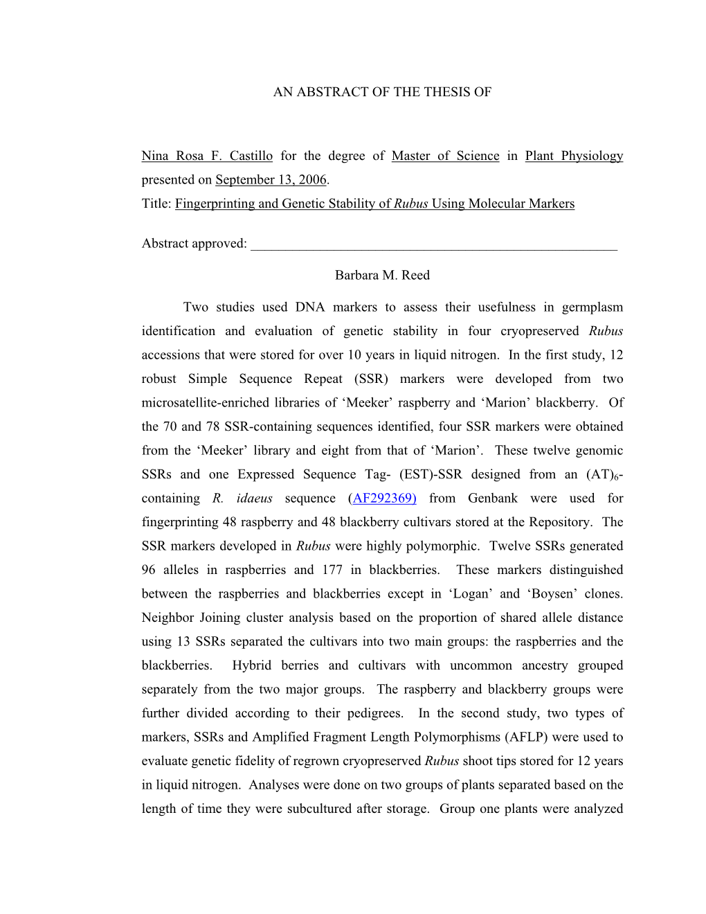 Fingerprinting and Genetic Stability of Rubus Using Molecular Markers