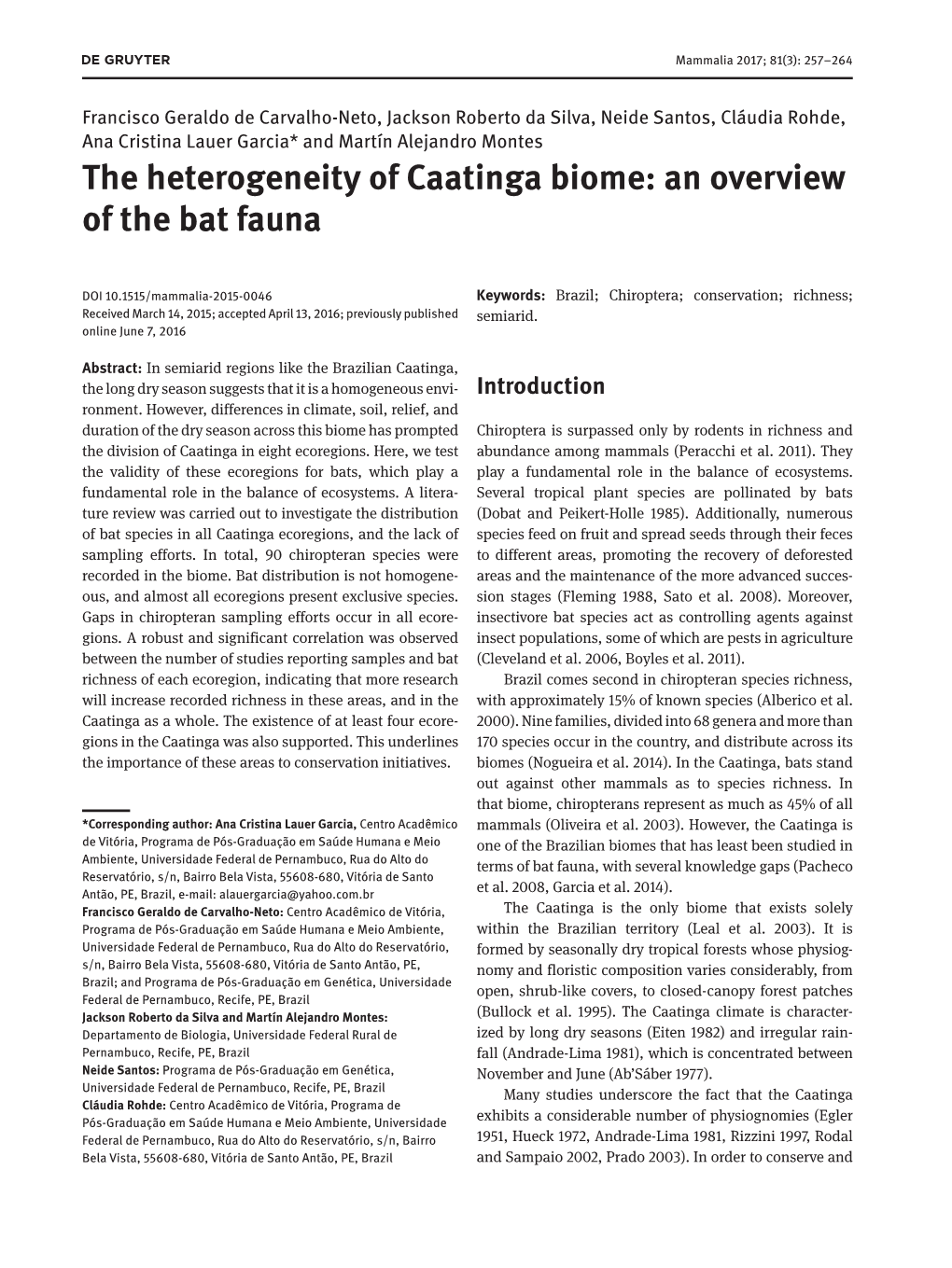 The Heterogeneity of Caatinga Biome: an Overview of the Bat Fauna