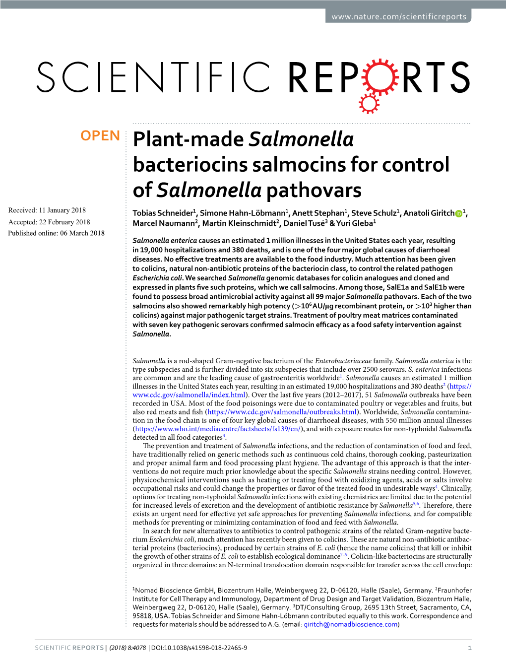 Plant-Made Salmonella Bacteriocins Salmocins for Control of Salmonella