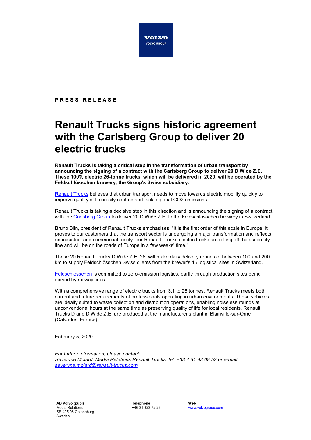 Renault Trucks Signs Historic Agreement with the Carlsberg Group to Deliver 20 Electric Trucks