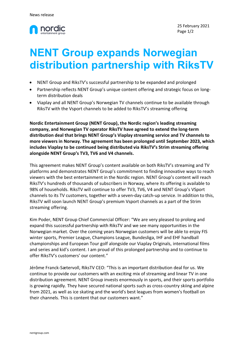 NENT Group Expands Norwegian Distribution Partnership with Rikstv