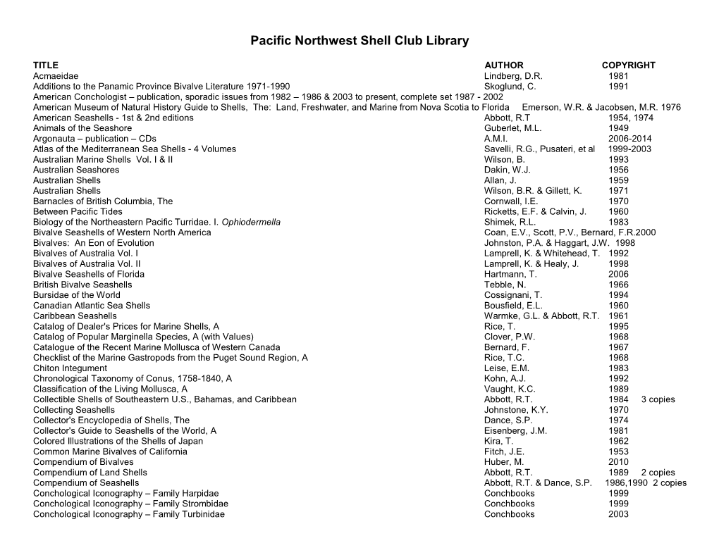 Pacific Northwest Shell Club Library