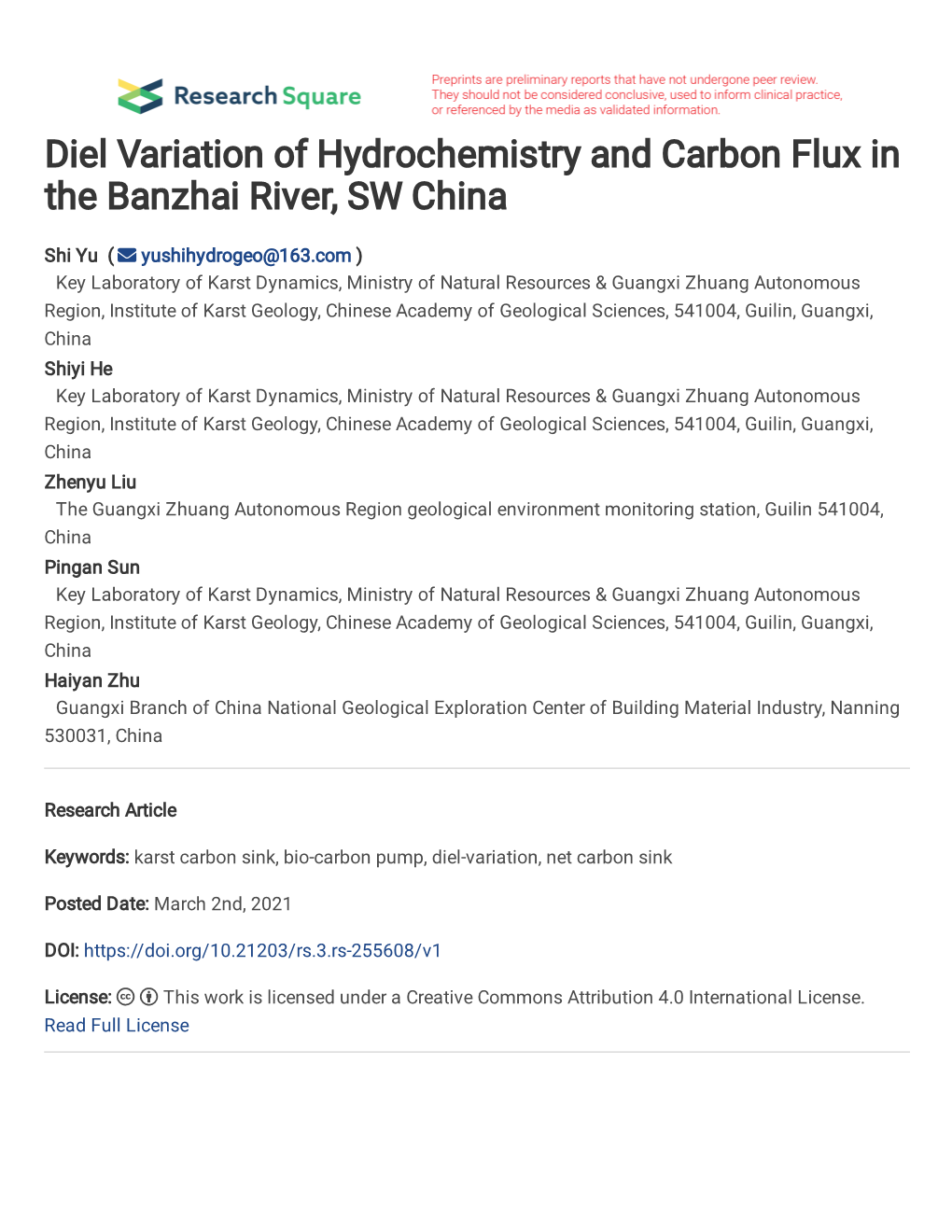 Diel Variation of Hydrochemistry and Carbon Flux in the Banzhai River, SW China