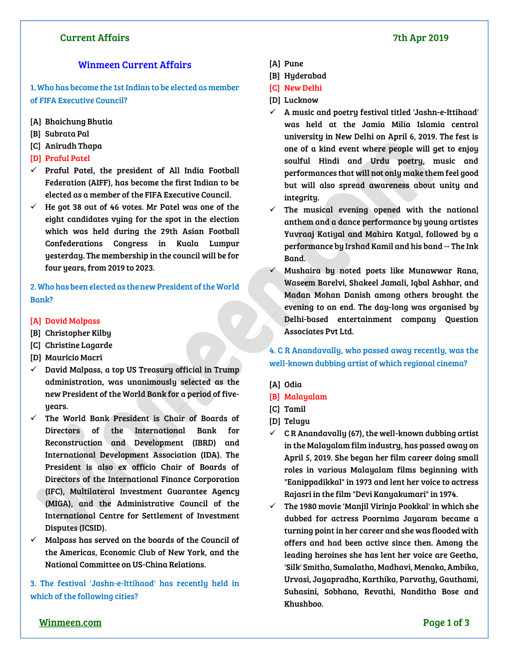 Current Affairs 7Th Apr 2019 Winmeen.Com Page 1 of 3 Winmeen Current Affairs