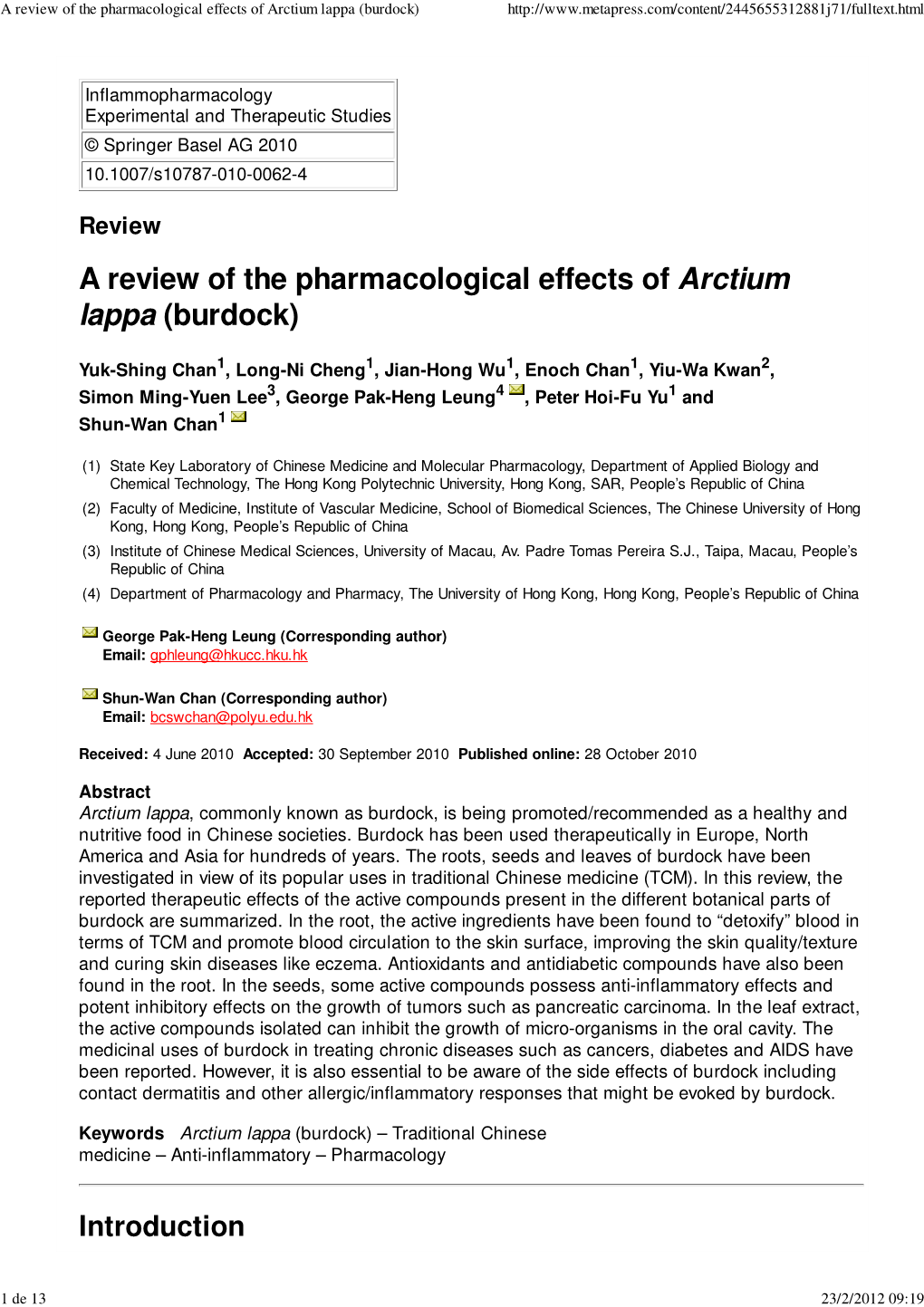 A Review of the Pharmacological Effects of Arctium Lappa Burdock