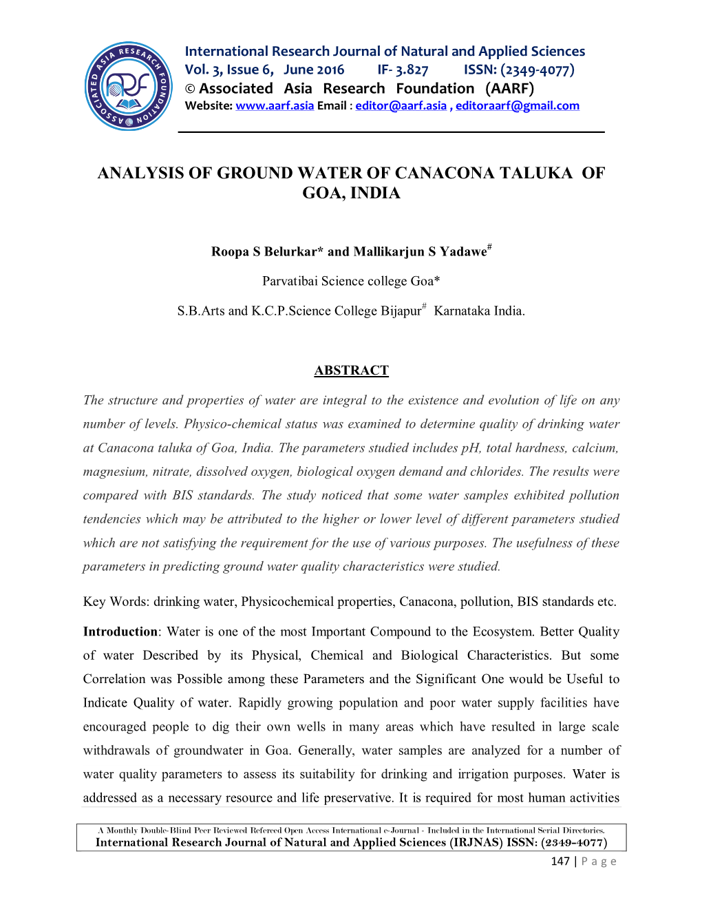 Analysis of Ground Water of Canacona Taluka of Goa, India