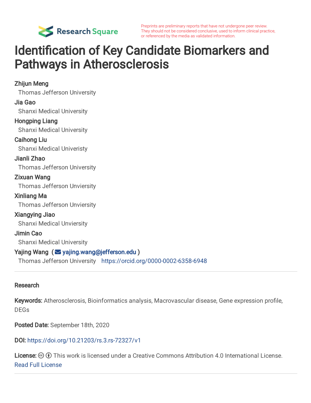 Identification of Key Candidate Biomarkers and Pathways in Atherosclerosis