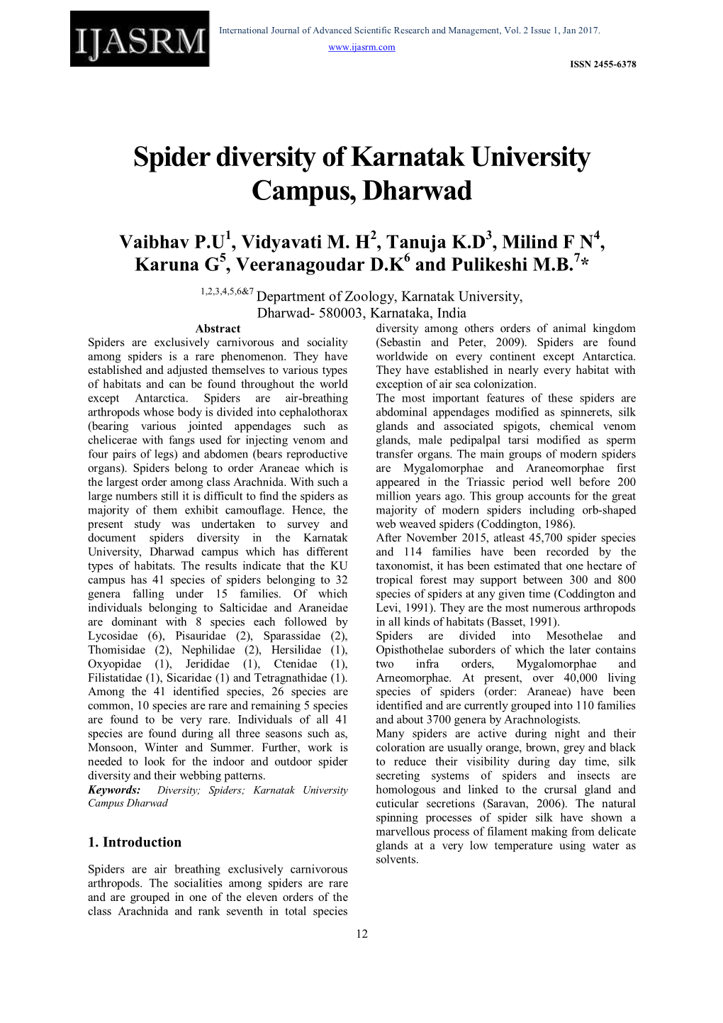 Spider Diversity of Karnatak University Campus, Dharwad