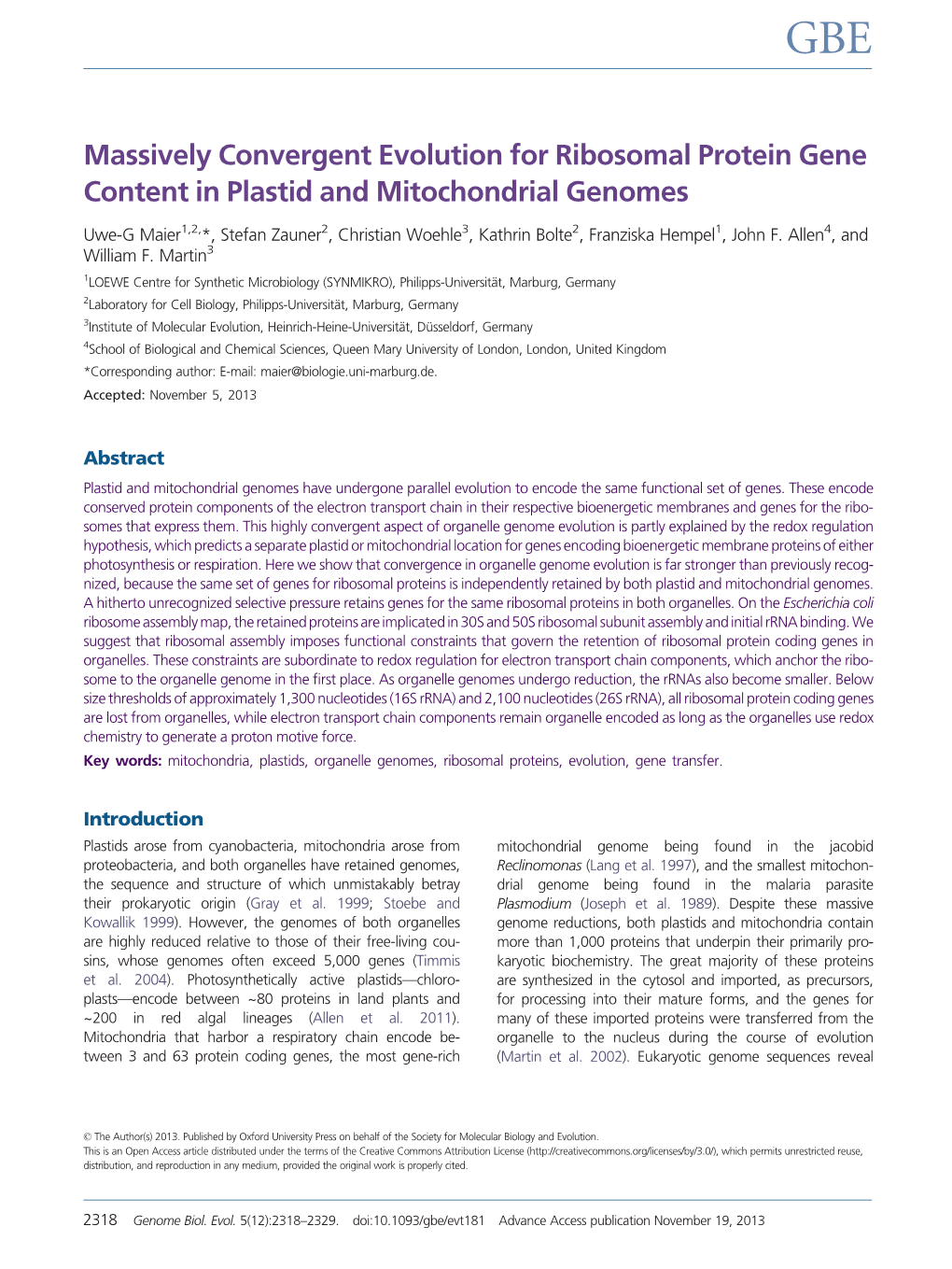 Massively Convergent Evolution for Ribosomal Protein Gene Content in Plastid and Mitochondrial Genomes