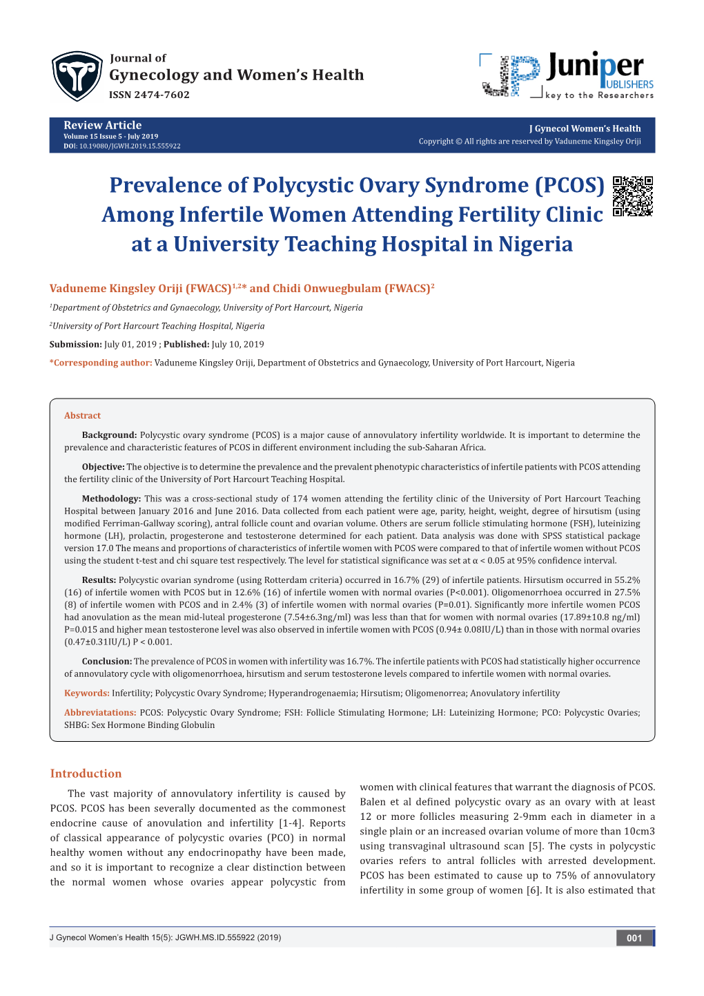 Prevalence of Polycystic Ovary Syndrome (PCOS) Among Infertile Women Attending Fertility Clinic at a University Teaching Hospital in Nigeria