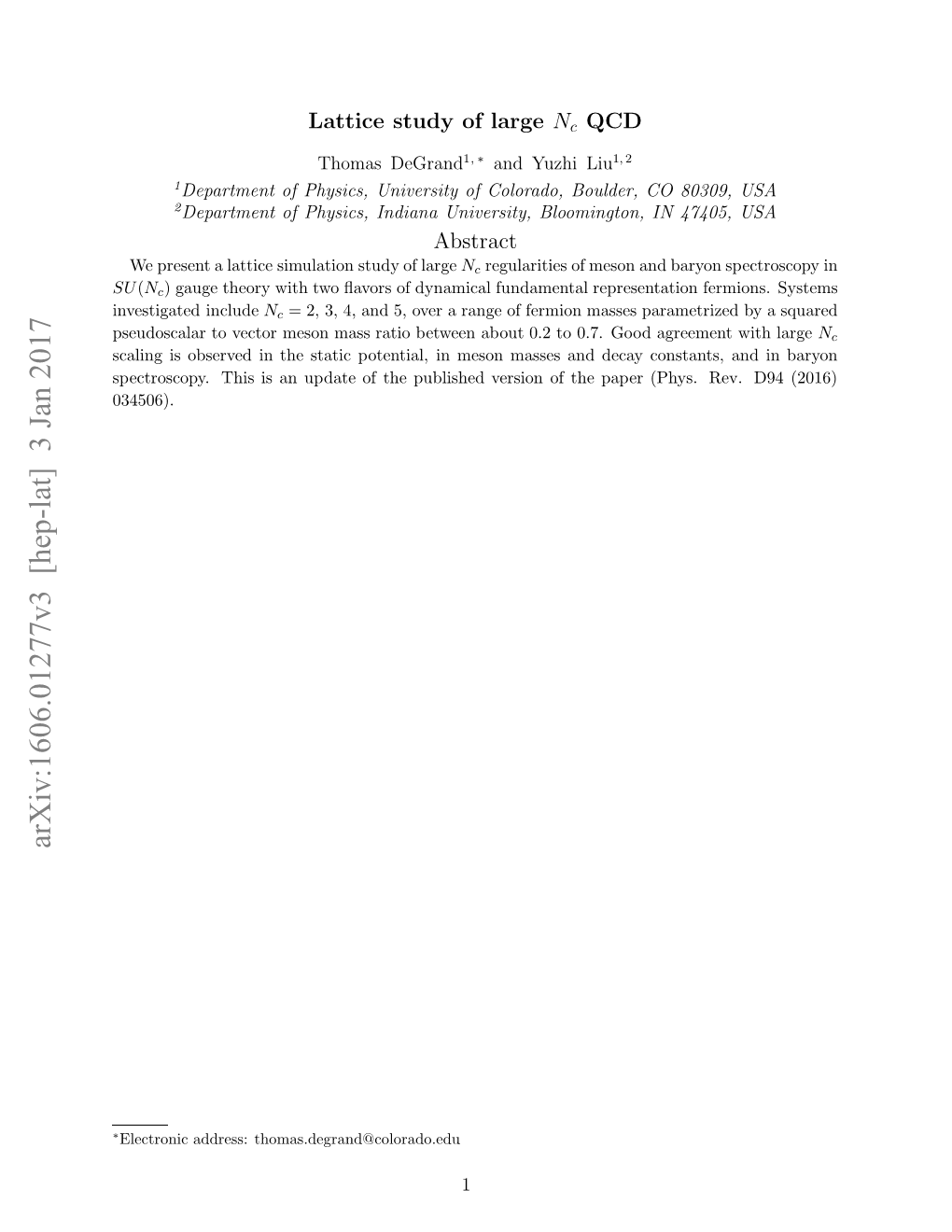 Arxiv:1606.01277V3 [Hep-Lat] 3 Jan 2017 ∗ Suoclrt Etrmsnms Ai Ewe Bu