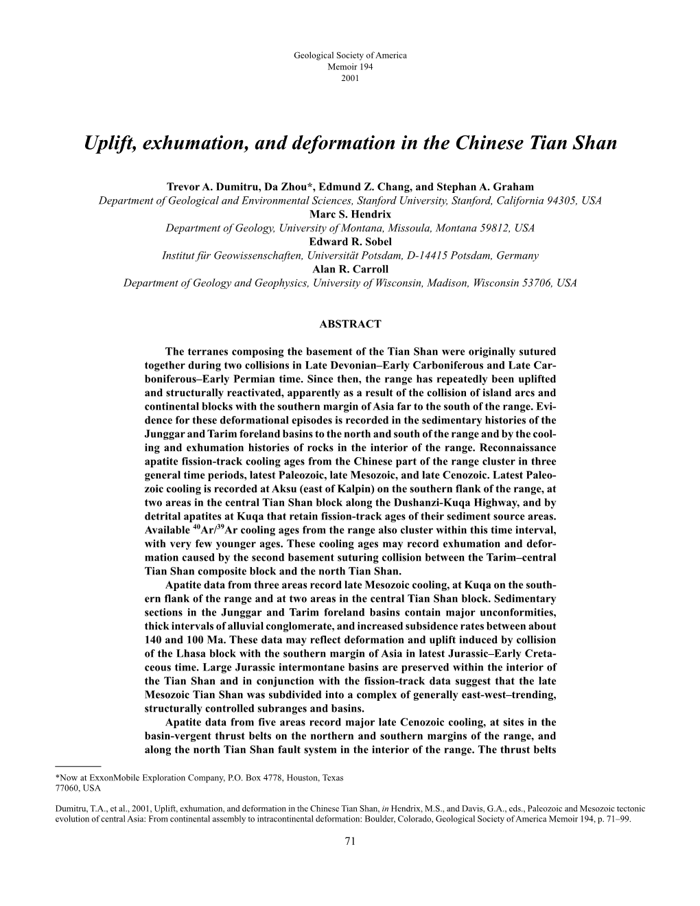 Uplift, Exhumation, and Deformation in the Chinese Tian Shan