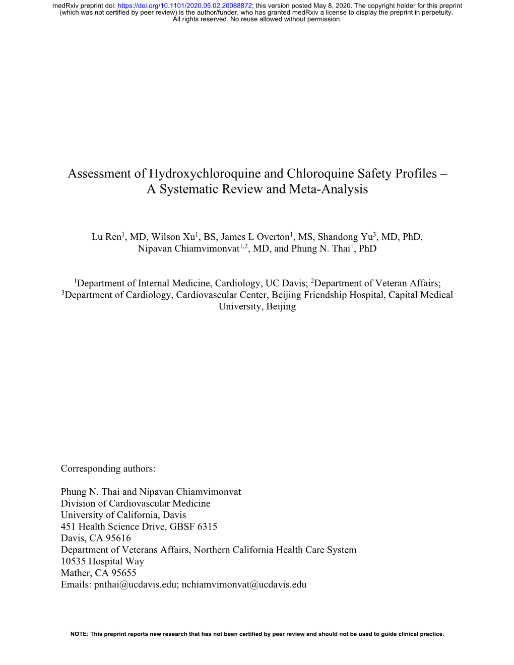 Assessment of Hydroxychloroquine and Chloroquine Safety Profiles – a Systematic Review and Meta-Analysis