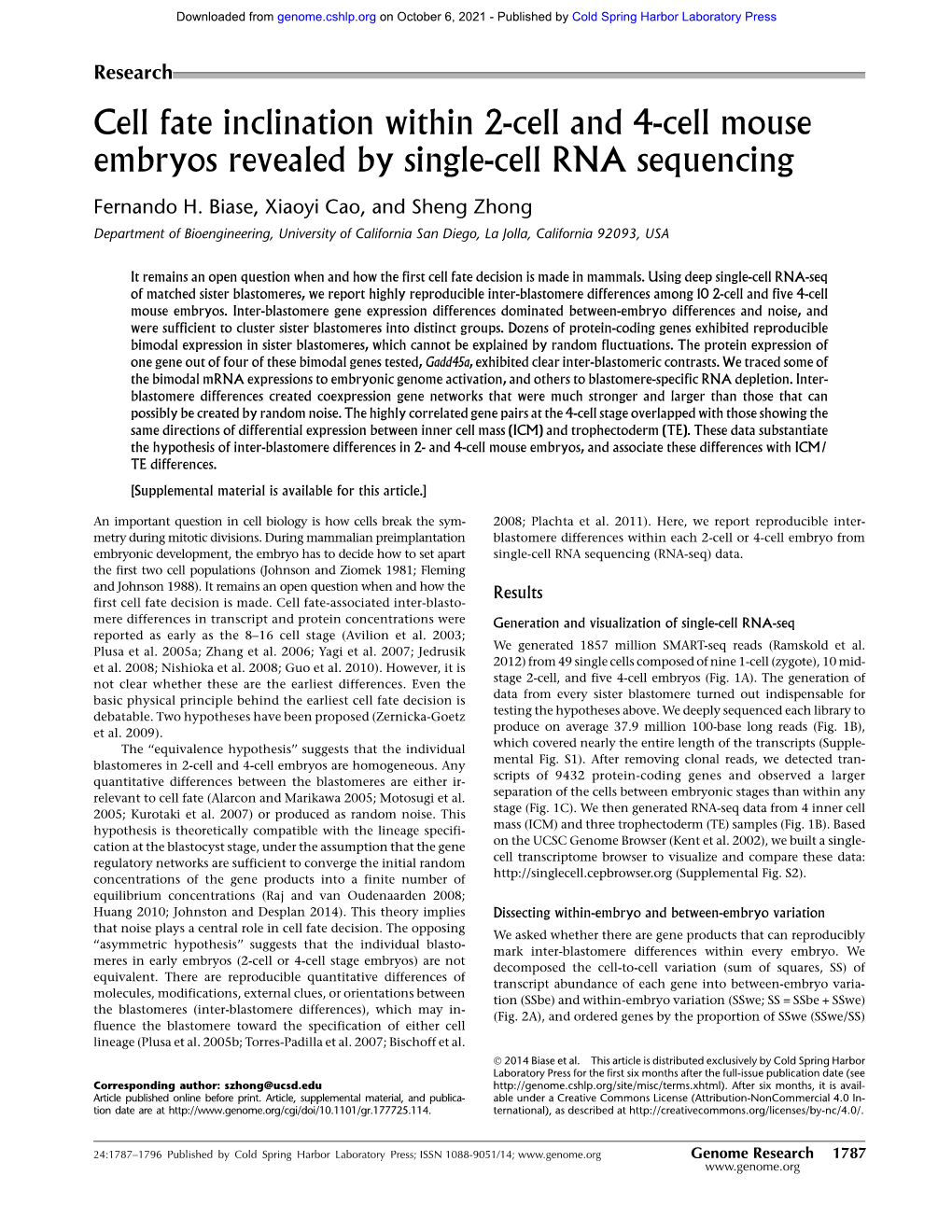 Cell Fate Inclination Within 2-Cell and 4-Cell Mouse Embryos Revealed by Single-Cell RNA Sequencing