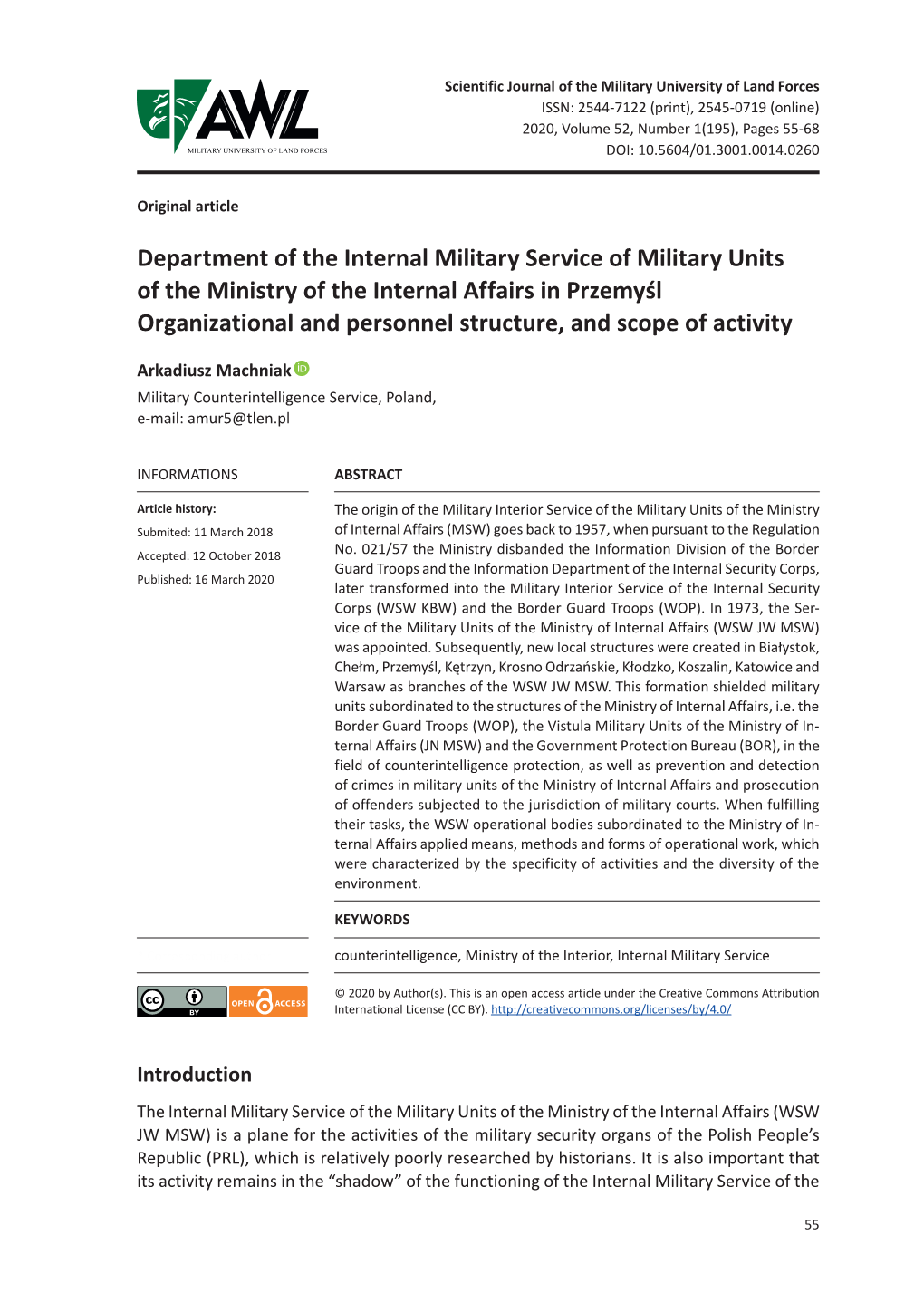 Department of the Internal Military Service of Military Units of the Ministry of the Internal Affairs in Przemyśl Organizationa