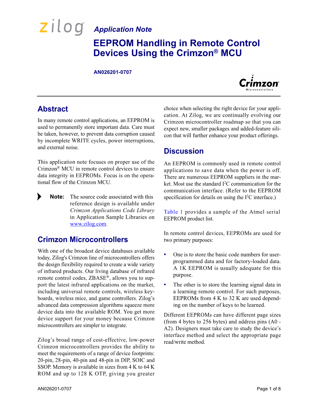 EEPROM Handling in Remote Control Devices Using the Crimzon® MCU