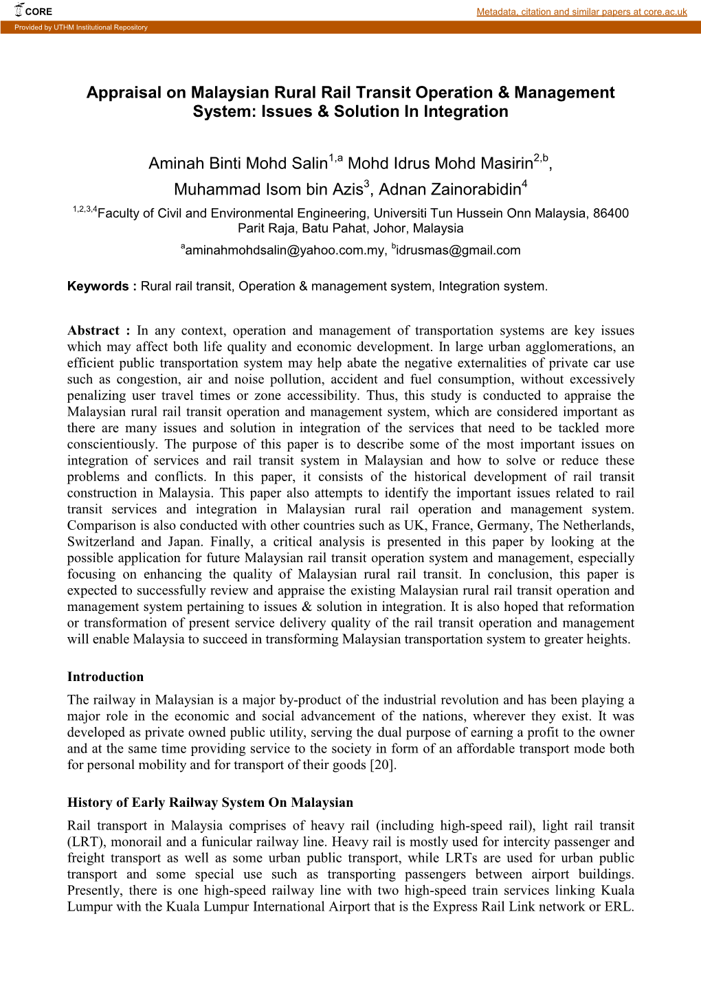 Appraisal on Malaysian Rural Rail Transit Operation & Management System: Issues & Solution in Integration