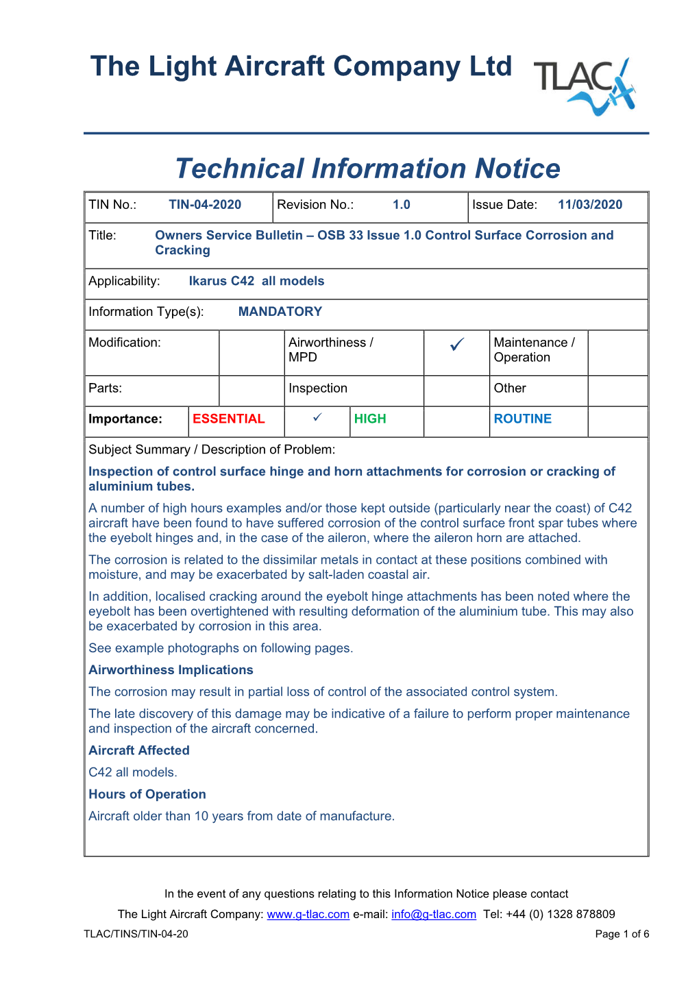 The Light Aircraft Company Ltd Technical Information Notice