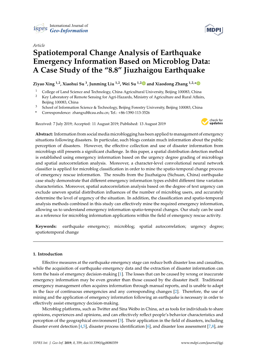 Spatiotemporal Change Analysis of Earthquake Emergency Information Based on Microblog Data: a Case Study of the “8.8” Jiuzhaigou Earthquake