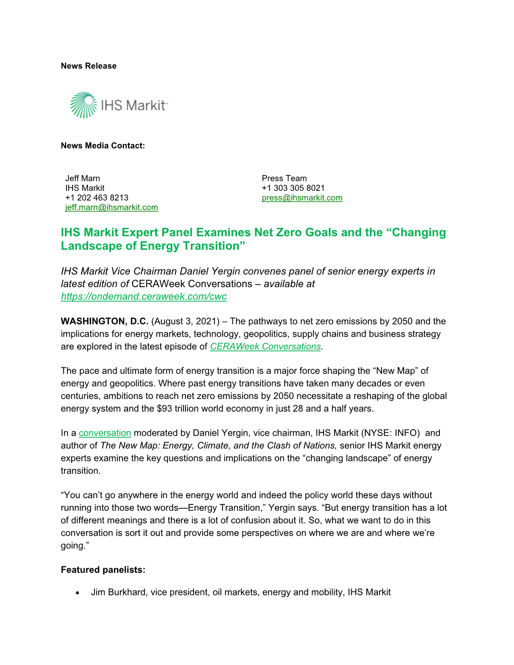 IHS Markit Expert Panel Examines Net Zero Goals and the “Changing Landscape of Energy Transition”