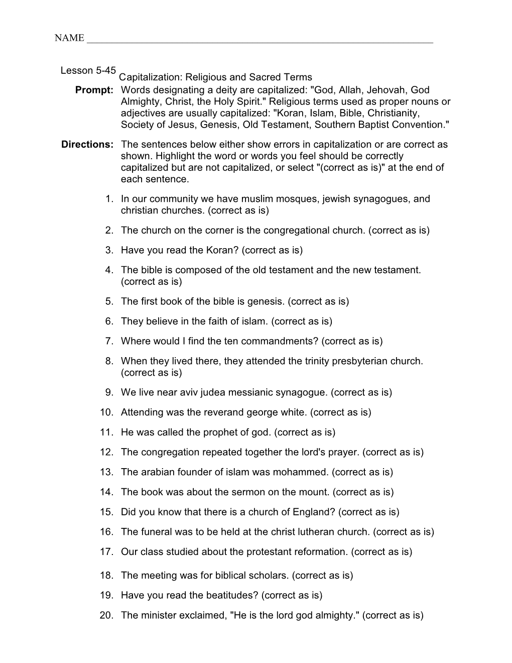 Lesson 5-45 Capitalization: Religious and Sacred Terms