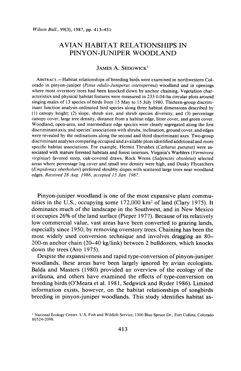 Avian Habitat Relationships in Pinyon-Juniper Woodland