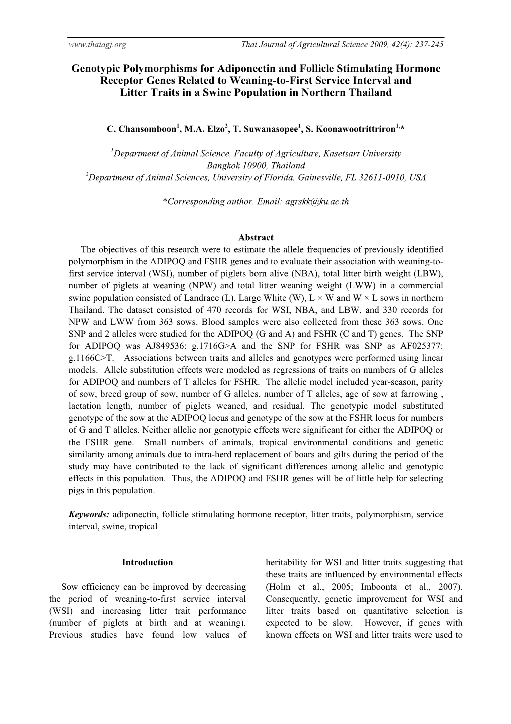 Genotypic Polymorphisms for Adiponectin and Follicle Stimulating