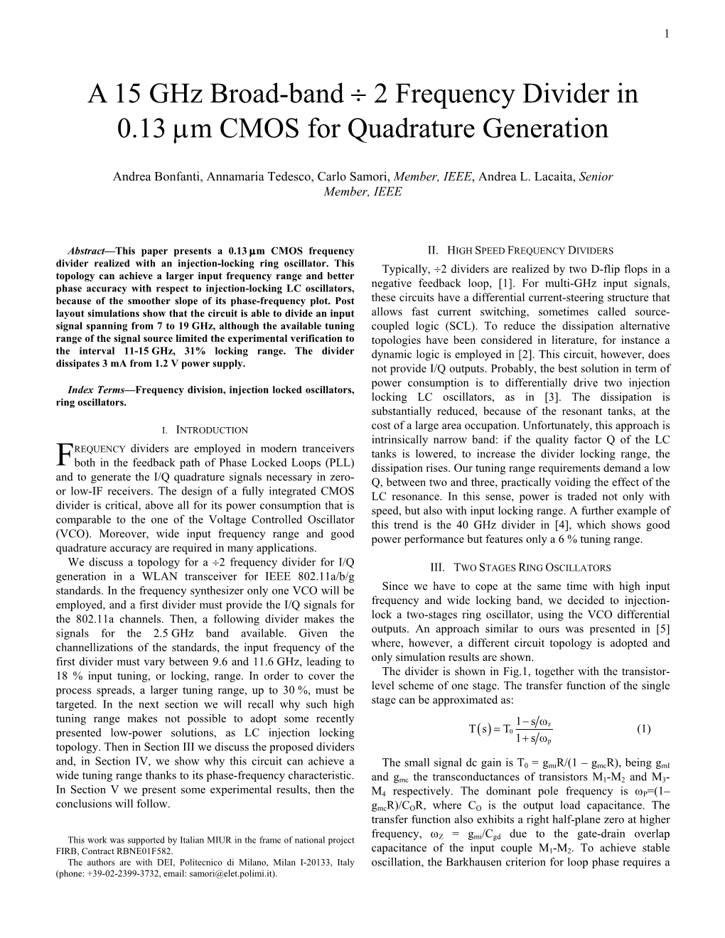 A 15 Ghz Broad-Band ÷ 2 Frequency Divider in 0.13 Μm CMOS for Quadrature Generation