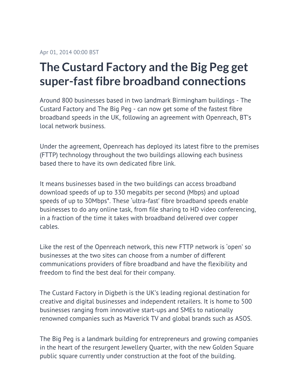 The Custard Factory and the Big Peg Get Super-Fast Fibre Broadband Connections