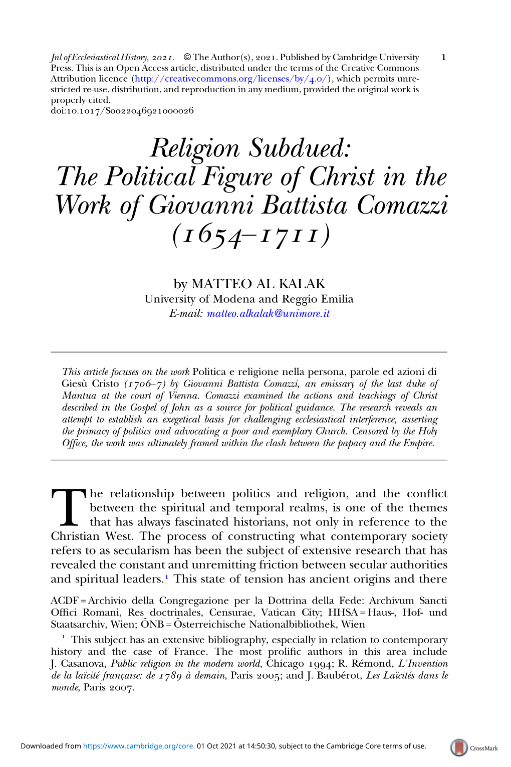 Religion Subdued: the Political Figure of Christ in the Work of Giovanni Battista Comazzi (–)