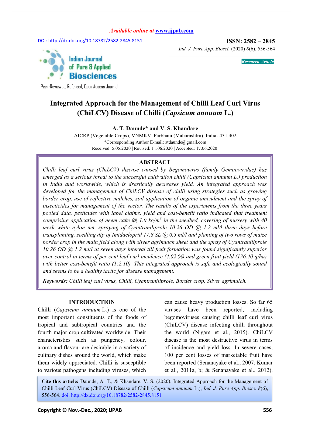 Integrated Approach for the Management of Chilli Leaf Curl Virus (Chilcv) Disease of Chilli (Capsicum Annuum L.)