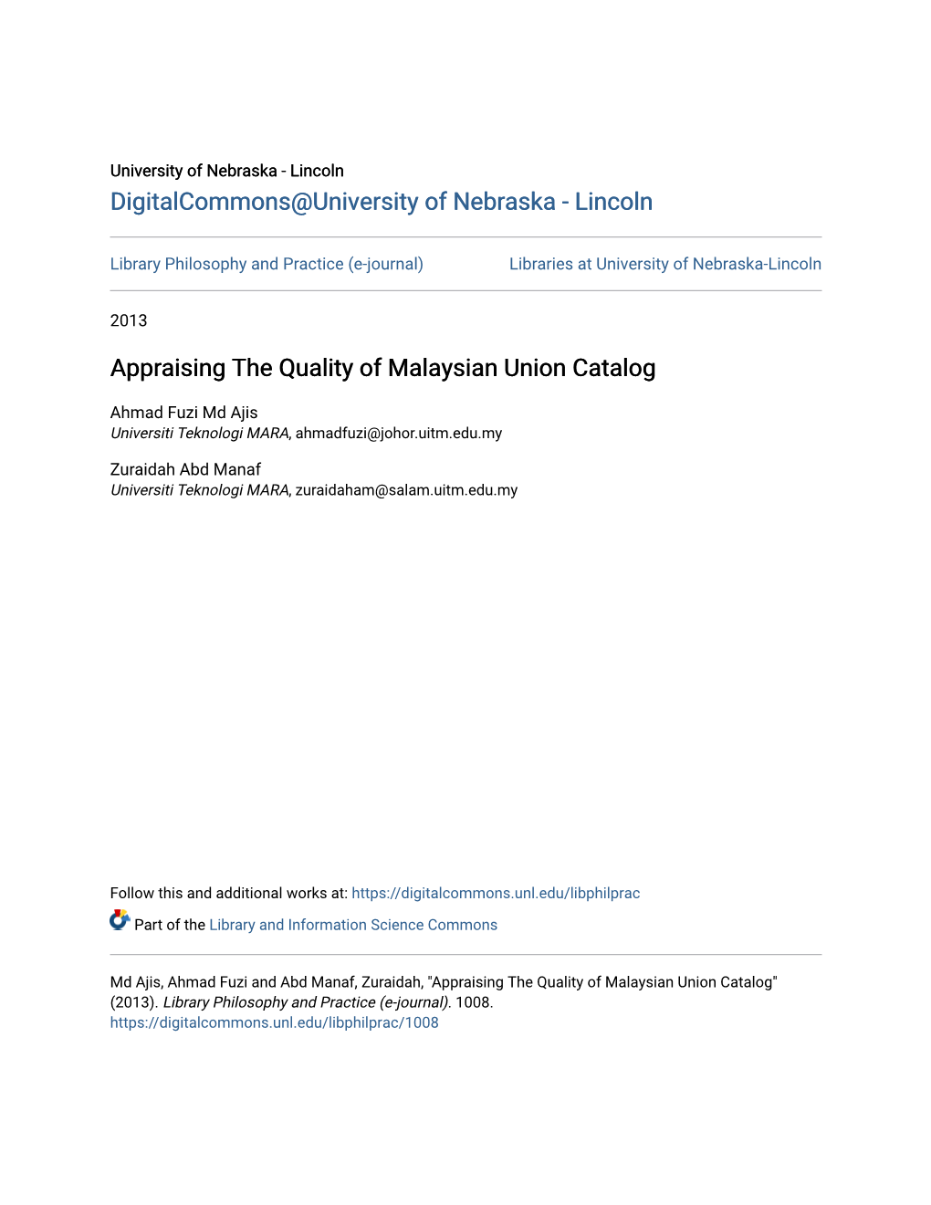 Appraising the Quality of Malaysian Union Catalog