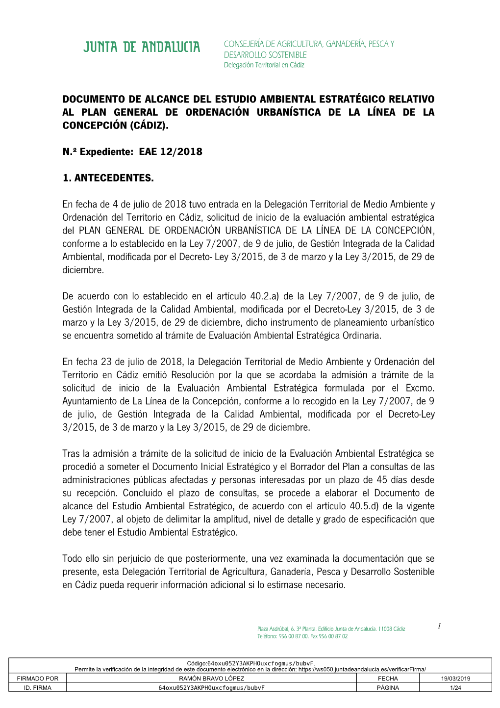 Documento De Alcance Del Estudio Ambiental Estratégico Relativo Al Plan General De Ordenación Urbanística De La Línea De La Concepción (Cádiz)