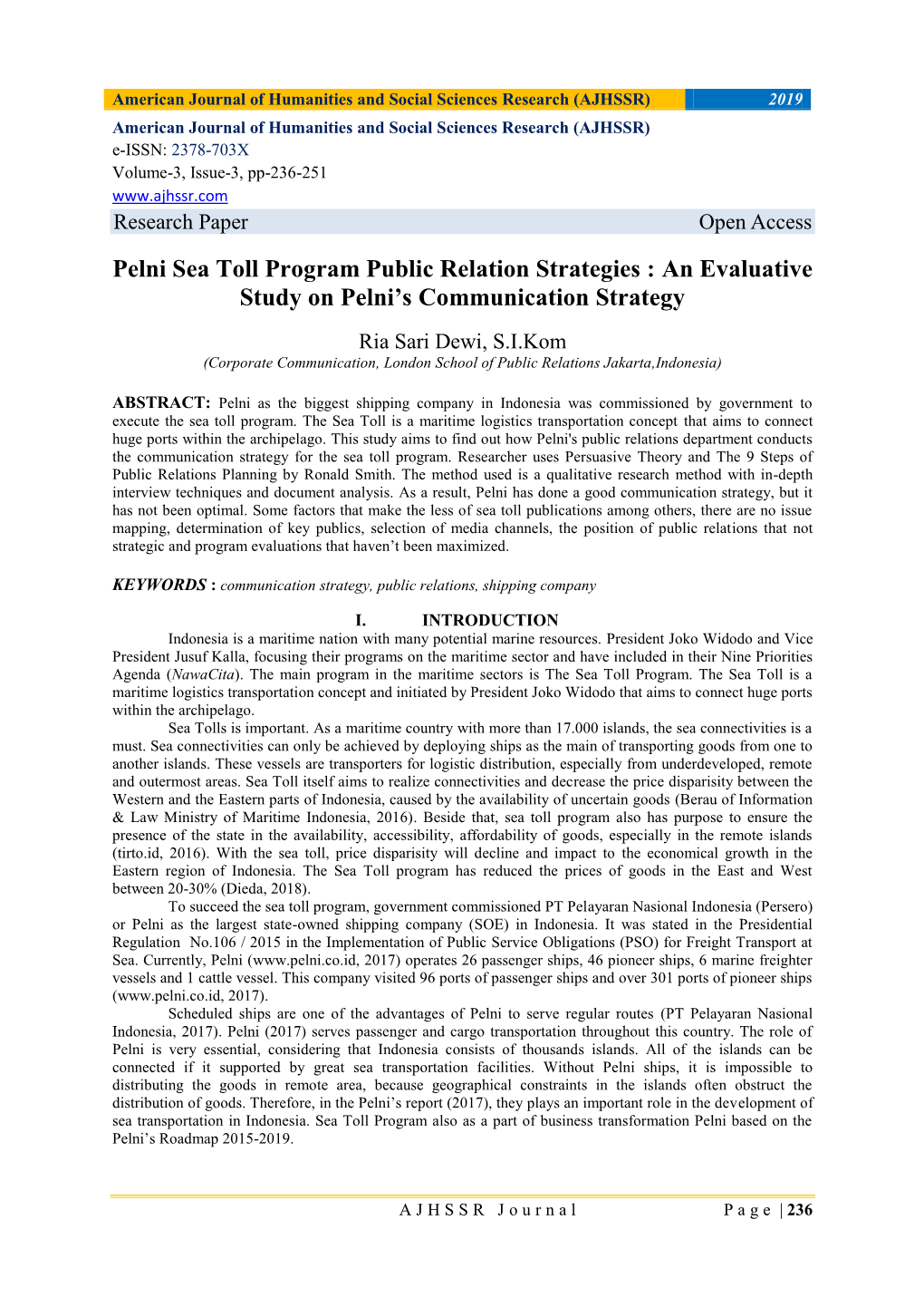 Pelni Sea Toll Program Public Relation Strategies : an Evaluative Study on Pelni’S Communication Strategy